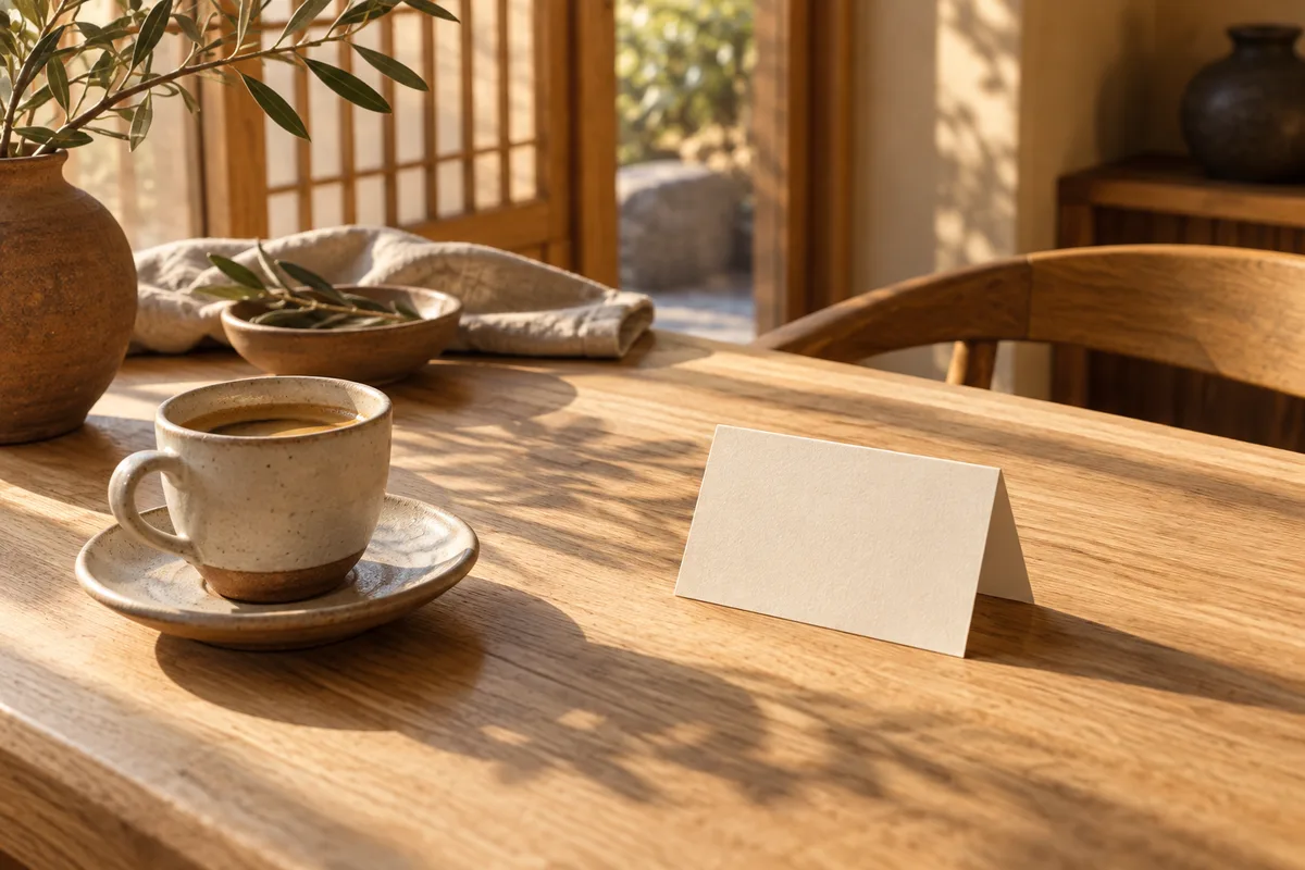 Coffee and a welcome card on a sunlit table